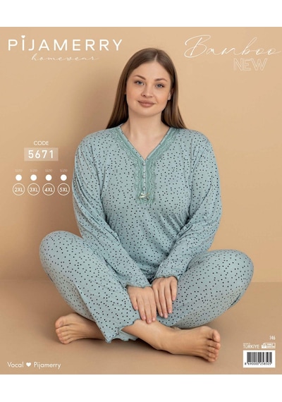 Pijamerry Kadın Büyük Beden Dantel Yaka Bambu Uzun Kol İnce Pijama Takımı 5671 - 1 Adet Yeşil Pijamerry Kadın Büyük Beden Dantel Yaka Bambu Uzun Kol İnce Pijama Takımı 5671 - 1 Adet Yeşil