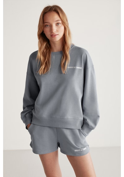 Grımelange Jennıfer  Kadın Organik Pamuklu Nakışlı Yuvarlak Yakalı Oversize Gri Sweatshirt