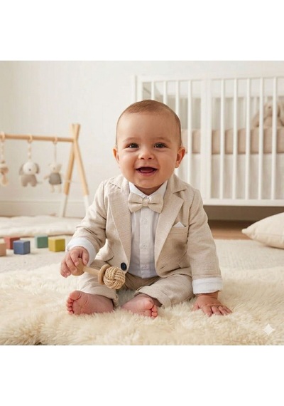 Baby Kids Colors Flamlı Keten Salaş Ceketli Takım Elbise/gömlek Pantolon Ceket Papyon Ay Grubu Zıbınlı Bej