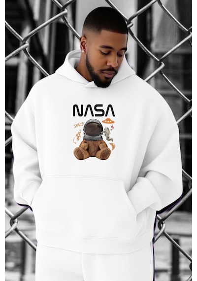Benroma 3 İplik Penye Nasa Baskılı Büyük Beden Sweatshırt Beyaz