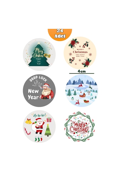 24 Adet 4 Cm Yılbaşı Temalı Etiket, Yapışkanlı Sticker, Hediye Paketi Etiketi Yüksek Kalite Standart