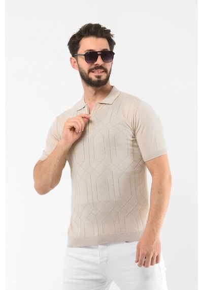 Onno Pamuklu Fermuarlı Desenli Triko Tshirt Bej