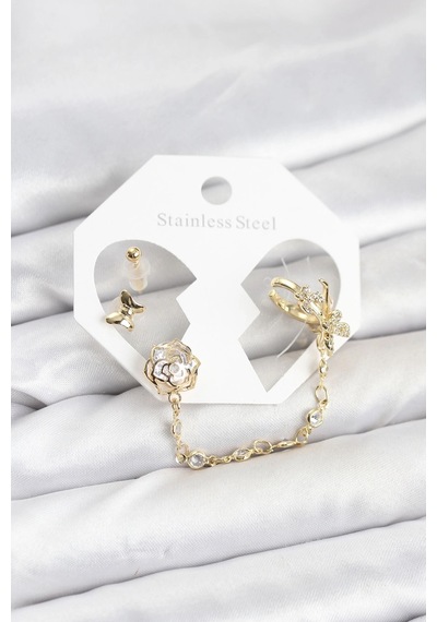 Mey İthalat Pirinç Gold Renk Kelebekli Model Zincir Bağlantılı Ear Cuff Küpe Seti 11