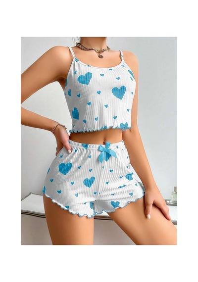 Mr Owl Kadın Beyaz Mavi Kalp Desenli Askılı Şortlu Pijama Takımı