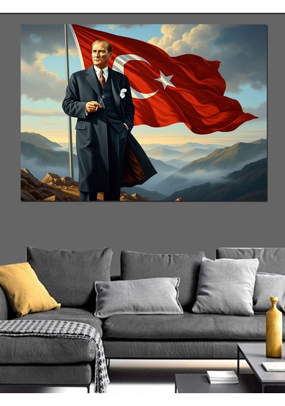 Tepede Dalgalanan Türk Bayrağı Ve Atatürk Dekoratif Kanvas - Mdf Ahşap Tablo