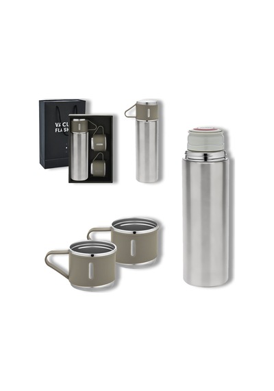 Bk Gift Paslanmaz Çelik 500ml 3 Bardaklı Sızdırmaz Termos Seti-krom, Vakumlu Termos Set Beyaz