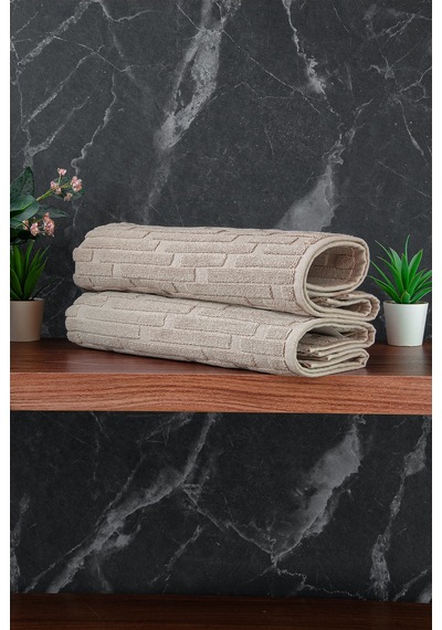 Tuğla Desenli 2li Ayak Havlusu - 50x70 Cm - Su Emici Banyo Paspası Seti - Krem Krem
