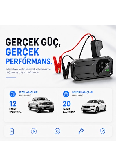 Solvis 5'i 1 Arada 12v Akıllı Akü Takviye Cihazı, Lastik Şişirme Pompası, Powerbank Ve Led Aydınlatma Çanta Hediyeli