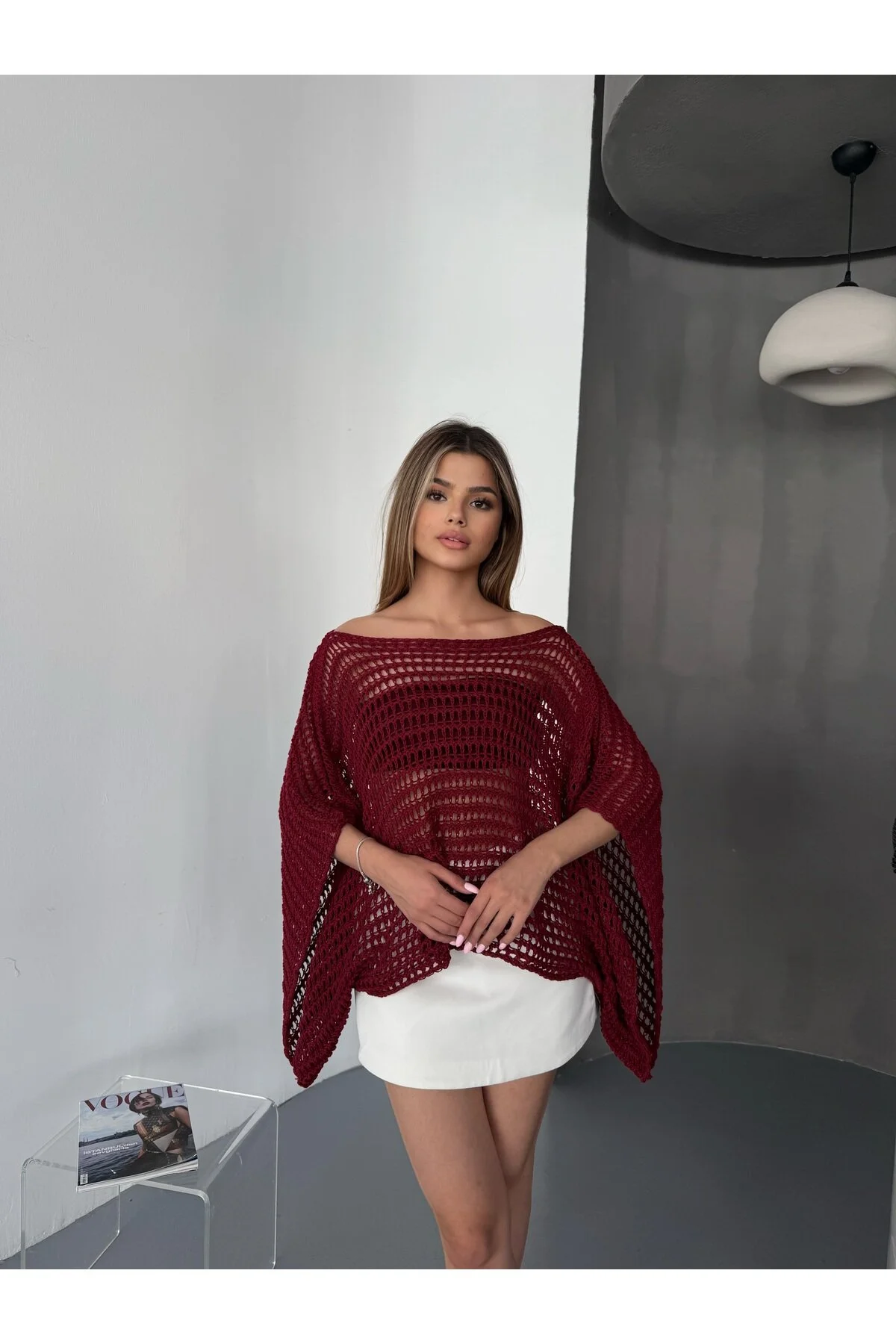 Lea Yazlık Yarasa Kol Dökümlü Triko Pamuk Bluz Açık Bordo