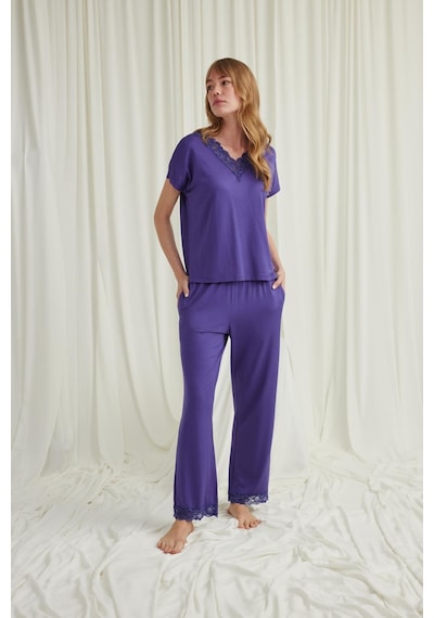 Monamise Kadın Kısa Kollu V Yakalı Dantelli Pijama Takımı 18569-mor Mor