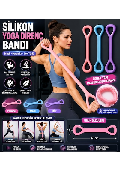 Silikon Yoga Direnç Bandı 45x3,5 Cm Egzersiz Esnetme Lastiği Sırt Bel Kol Omuz Göğüs Bacak Pilates Fitness Direnç Ba Çok Renkli