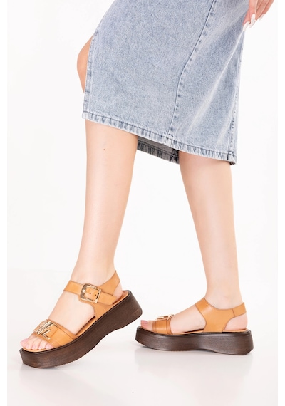 Gondol Hakiki Deri Platform Taban Sandalet Pkr.2401 Taba