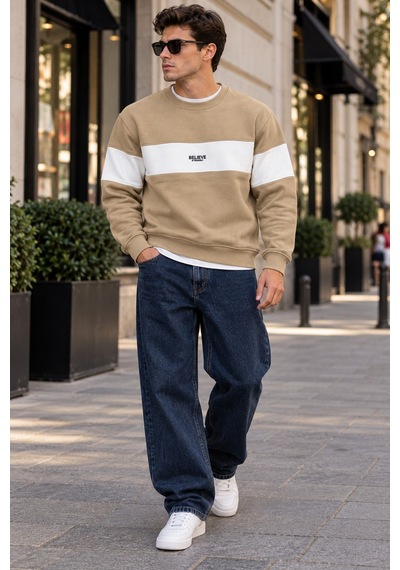 Tarz Cool Erkek Şerit Detaylı Believe Baskılı 3 İplik Şardonlu Bisiklet Yaka Sweatshirt Bej