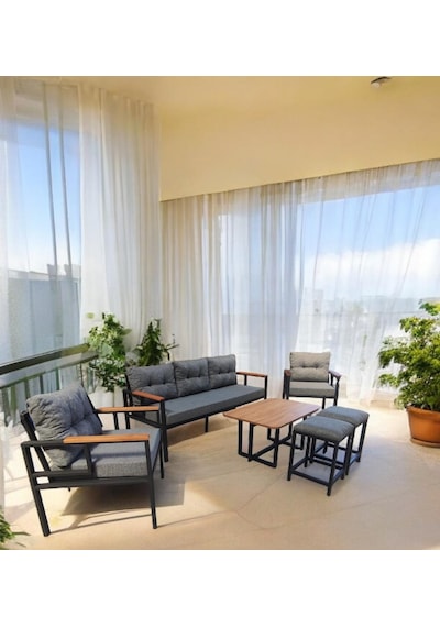 Pielize Bahçe Ve Balkon Mobilyası Gri 3+1+1, Sehpa Ve 2 Puflu Gri