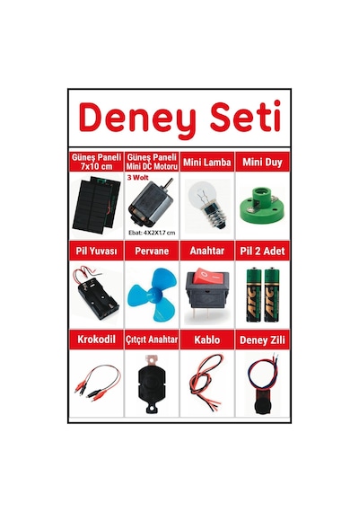 Okul Deney Seti - Güneş Paneli, Duy, Anahtar, Pil, Motor, Krokodil Full Set