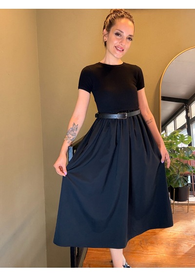 Ali Butik Siyah Kemerli Basıc Midi Elbise