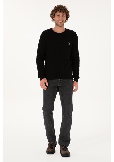 U.S. Polo Assn. Erkek Slim Fit Bisiklet Yaka Desenli Siyah Kazak 50307836-VR046