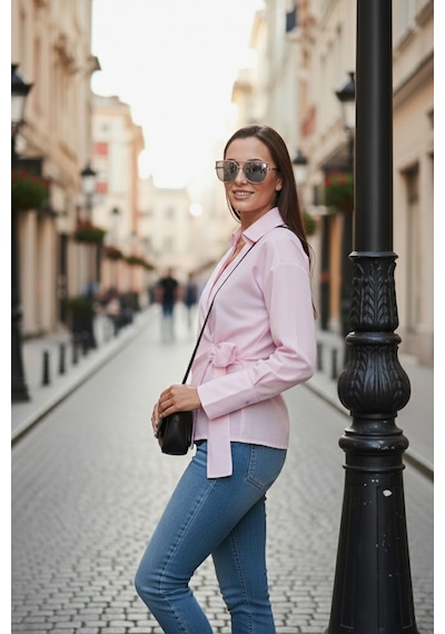 Lela Pamuklu Regular Fit Uzun Kollu Bağlama Detaylı Bayan Gömlek 65200538 Pembe