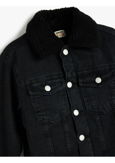 Koton Peluş Detaylı Kot Ceket Cep Detaylı Uzun Kollu Pamuklu Siyah 5wkb20006td Siyah