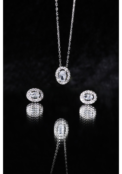 Zirkon Oval Tasarım 925 Ayar Gümüş Kadın Set