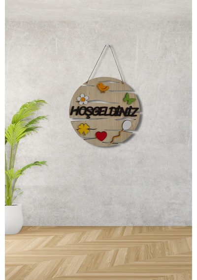 Hoşgeldiniz Yazılı Yuvarlak Mdf Lazer Kesim Kapı Ve Duvar Süsü - Akçaağaç Ahşap