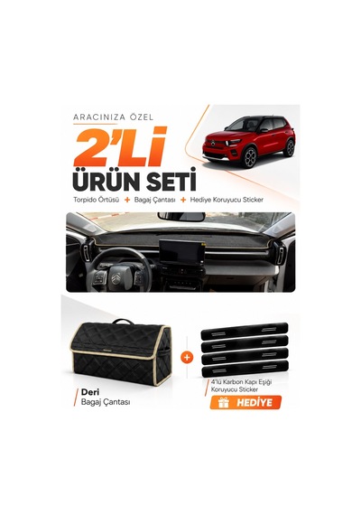 Cıtroen C3 Aırcross 2017-2021 Uyumlu Torpido Örtüsü + Deri Bagaj Çantası + Sticker - Siyah Bej