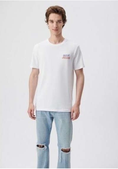 Mavi M066841-620 Beyaz Erkek Mavi Baskılı T-shirt Beyaz
