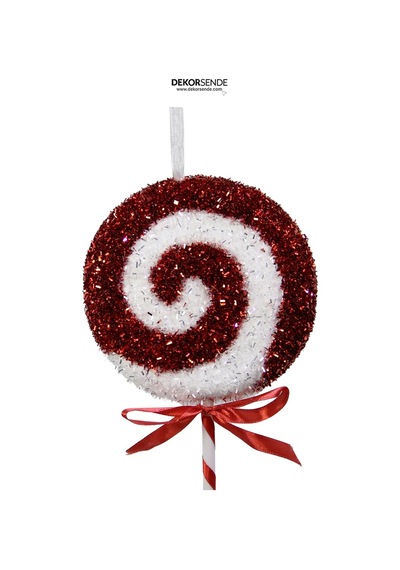 Yılbaşı Süsü Şeker Lolipop Dal Simli Dönence Kırmızı Beyaz 40 Cm