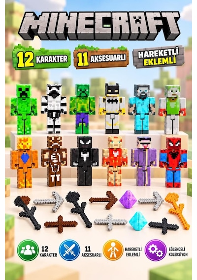 Minecraft Temalı Hareketli Eklemleri 12 Karakter Figürlü Ve 11 Parça Aksesuarlı Oyun Seti 1