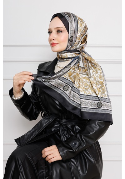 Sevitli Versace Desenli Hint İpeği Şal-sarı-4537