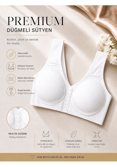 Qulat Önü Açılır Kapanır Düğmeli Sütyen Toparlayıcı, Dikişsiz, Rahat Kullanım Beyaz