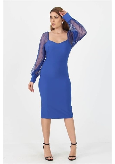 Dip Moda Kadın Yeni Sezon Kolları Tül Midi Boy Likralı Elbise Nb10004 Saks