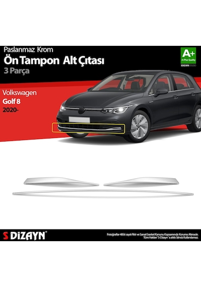 S-Dizayn  Volkswagen Golf 8 Hb Krom Ön Tampon Alt Çıtası 3 Prç. 2020 Üzeri