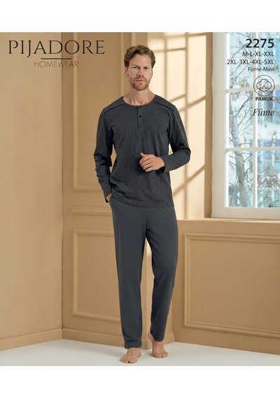 Pijadore Erkek %100 Pamuklu Uzun Kollu Pijama Takımı 2275 Füme