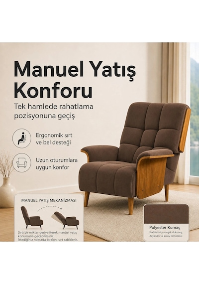 Smarto Genova Sabit Ergonomik Ekru Polyester Kumaş Tv Koltuğu Berjer Baba Koltuğu Kahverengi