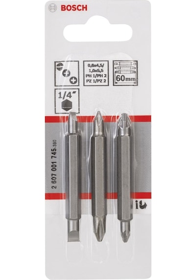 Bosch - Çift Taraflı Vidalama Ucu Ph1-Pz1-S0 60 Mm 3'Lü Bosch - Çift Taraflı Vidalama Ucu Ph1-Pz1-S0 60 Mm 3'Lü