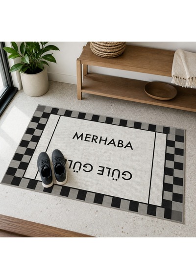 Kartela Halı Merhaba Güle Güle Damalı Kapı Paspası Siyah Beyaz Kaymaz Kauçuk Taban 50x75 Cm
