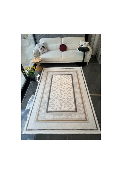 Merinos Vista Krem Kahverengi Çerçeveli %100 Akrilik Yumuşak Dokulu Salon Oturma Odası Halısı 76593-957