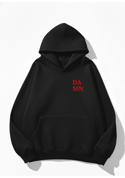 Uyguntarz Unisex Yumuşak Dokulu Damn. Baskılı Tasarım Oversize 3 İplik Hoodie Sweatshirt siyah