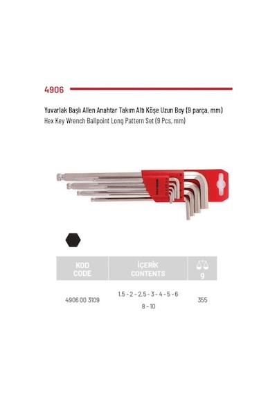 İzeltaş 4906 00 3109 Yuvarlak Başlı Allen Anahtar Takımı 9 Parça