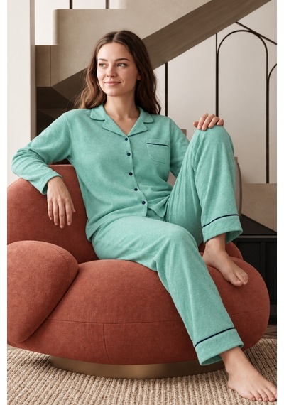 Nisanca Bayan Kışlık Welsoft Peluş İnci Düğmeli Pijama Takımı 'ipeksi Doku' İndigo