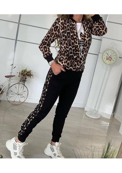 De'charme Kadın Uzun Kollu Önden Fermuarlı Leopar Desen Detaylı Viskon Iki Iplik Kumaş Ikili Takım