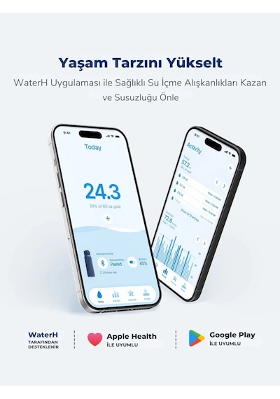Waterh Boost Akıllı Termos Hidrasyon Takibi Yapan, Yalıtımlı 0,71l / 24oz Akıllı Şişe Siyah