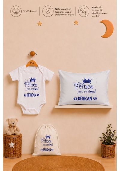 Pia Baby Erkek Bebek İsme Özel Hediye Seti %100 Pamuk Body Yastık Kılıfı Ve Ham Bez Bebek Kıyafet Kesesi 2033byk0x Ekru