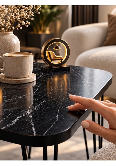 Odera Bendir Siyah Mermer Desenli Zigon Sehpa 3'lü Set Metal Tel Ayaklı Modern Retro Salon Sehpası Diğer