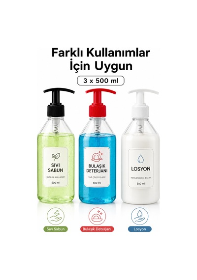 Sıvı Sabunluk Pompalı Şeffaf Dispenser 500 Ml Üçlü Set Şefaf