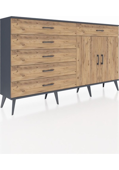 Arges Konsol Tek Raflı 6 Çekmeceli 2 Kapaklı 176x30x99 Antrasit-ç Antrasit-çam