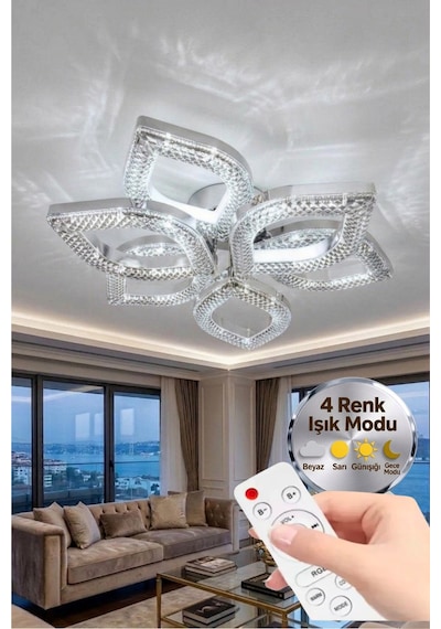 LumiaLighting Yonca Model Gümüş Kumandalı 6"lı Ledli 3 Renk Modu Kristal Salon Mutfak Yatak Çocuk Odası Avize