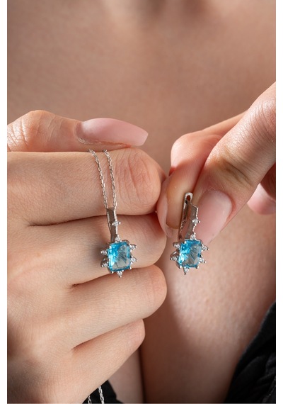 Nereze 925 Ayar Gümüş Aquamarin Baget Taşlı Küpe Ve Kolye Set