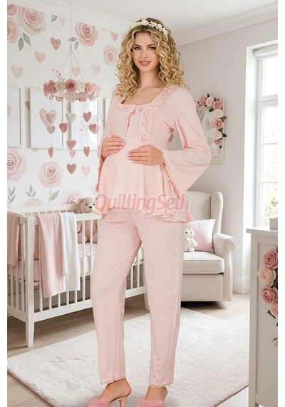 Quilling Bebe Pembe Renkli Dantel Detaylı, 33205 Uzun Kol, 2 Parça Lohusa Hamile Pijama Takımı Açık Pembe